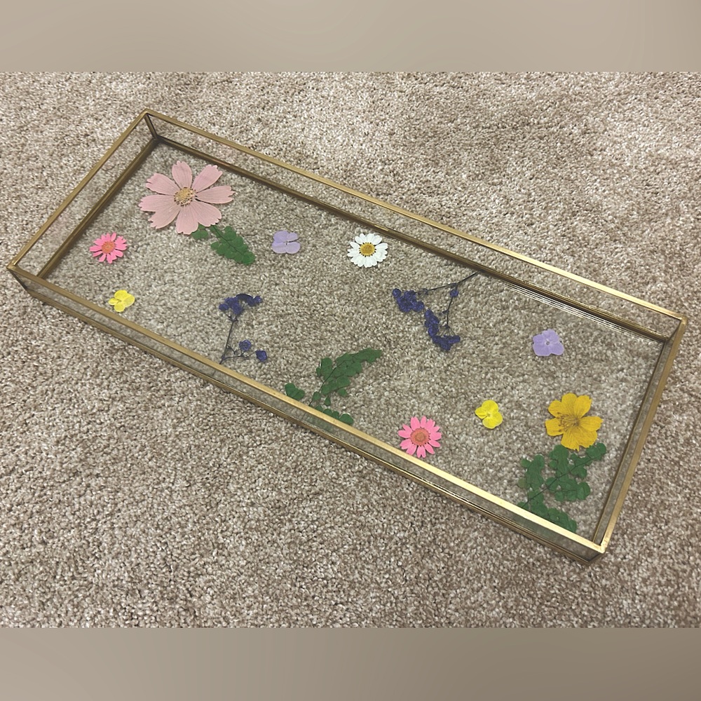 Natural Dried Floral Inlay Glass Vanity Tray W Gold Trim